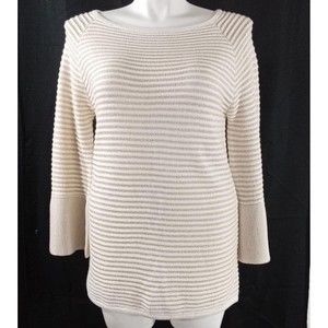 Chicos 2 Sweater Gold Striped Cream Colored Pullover Tunic Bell Sleeve Stretch